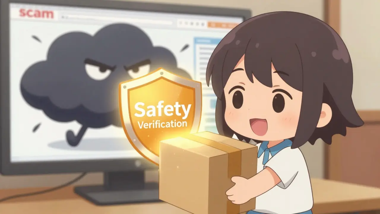 Chibi character safely receiving a medication package while avoiding scams