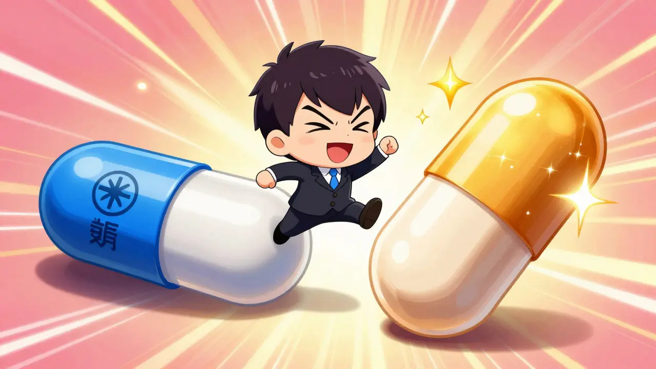Chibi executive jumping between two giant medicine capsules to avoid generics.