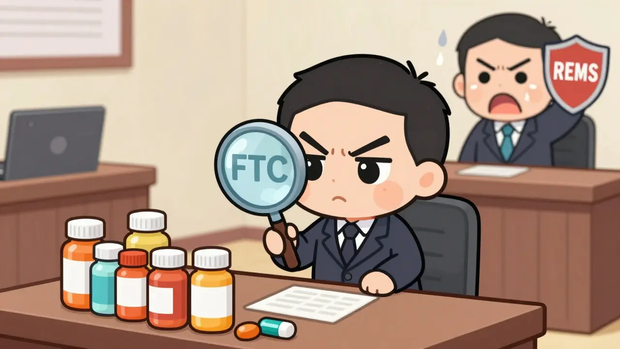 Chibi FTC official using a magnifying glass to investigate pharma bottles in court.