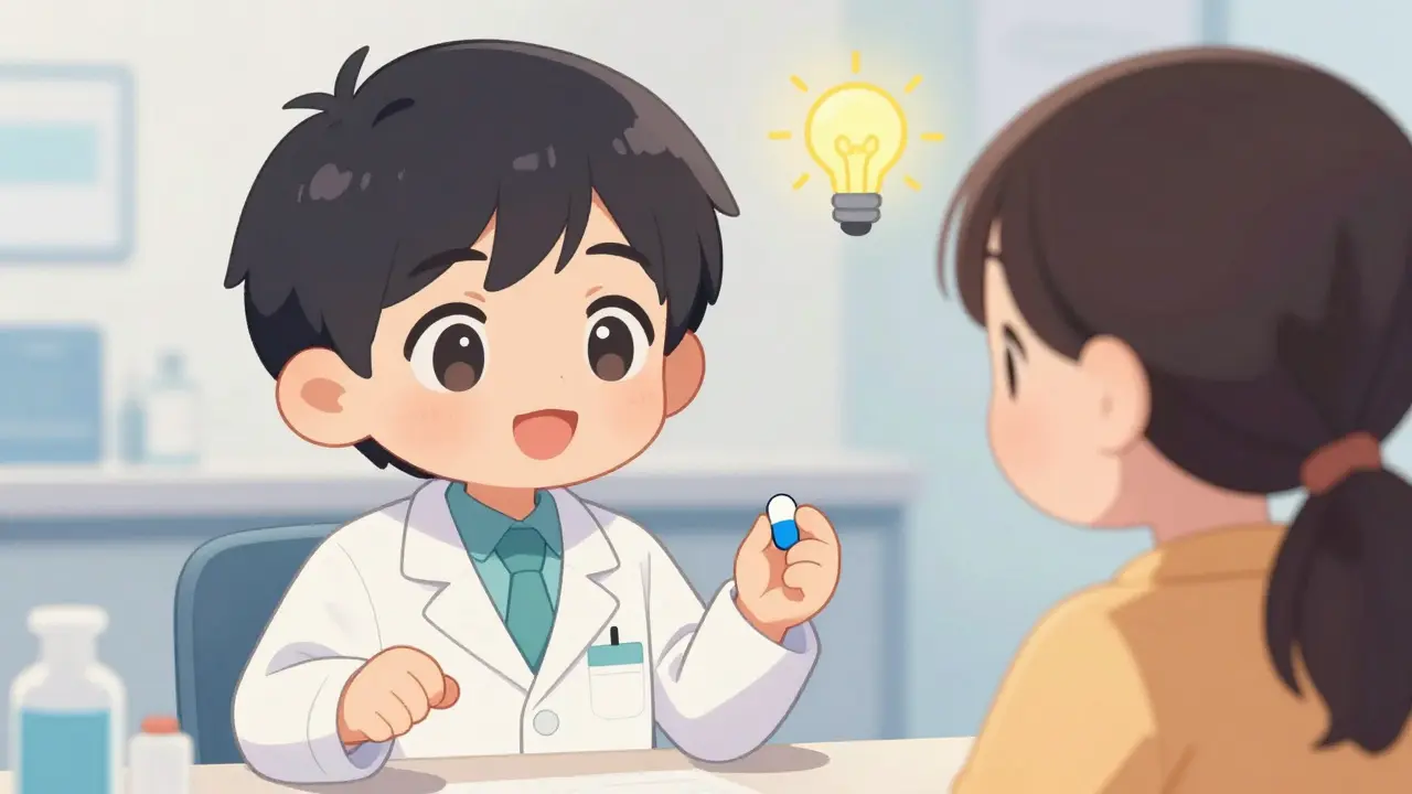 Chibi pharmacist explaining pill color differences to a happy patient.
