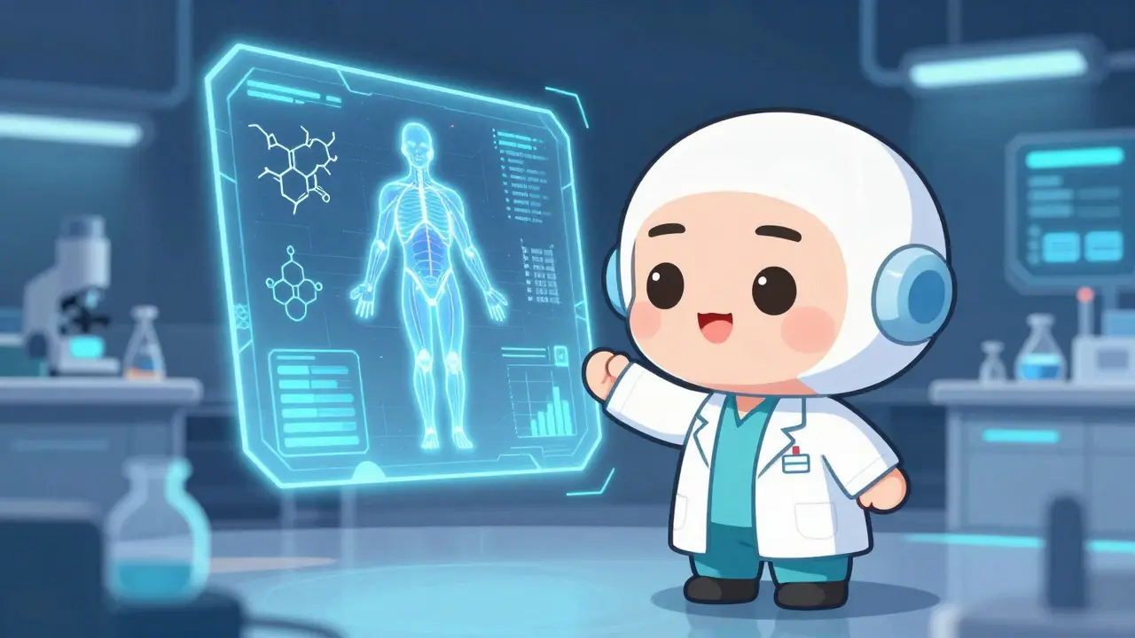 Chibi scientist using a futuristic holographic PBPK computer model.