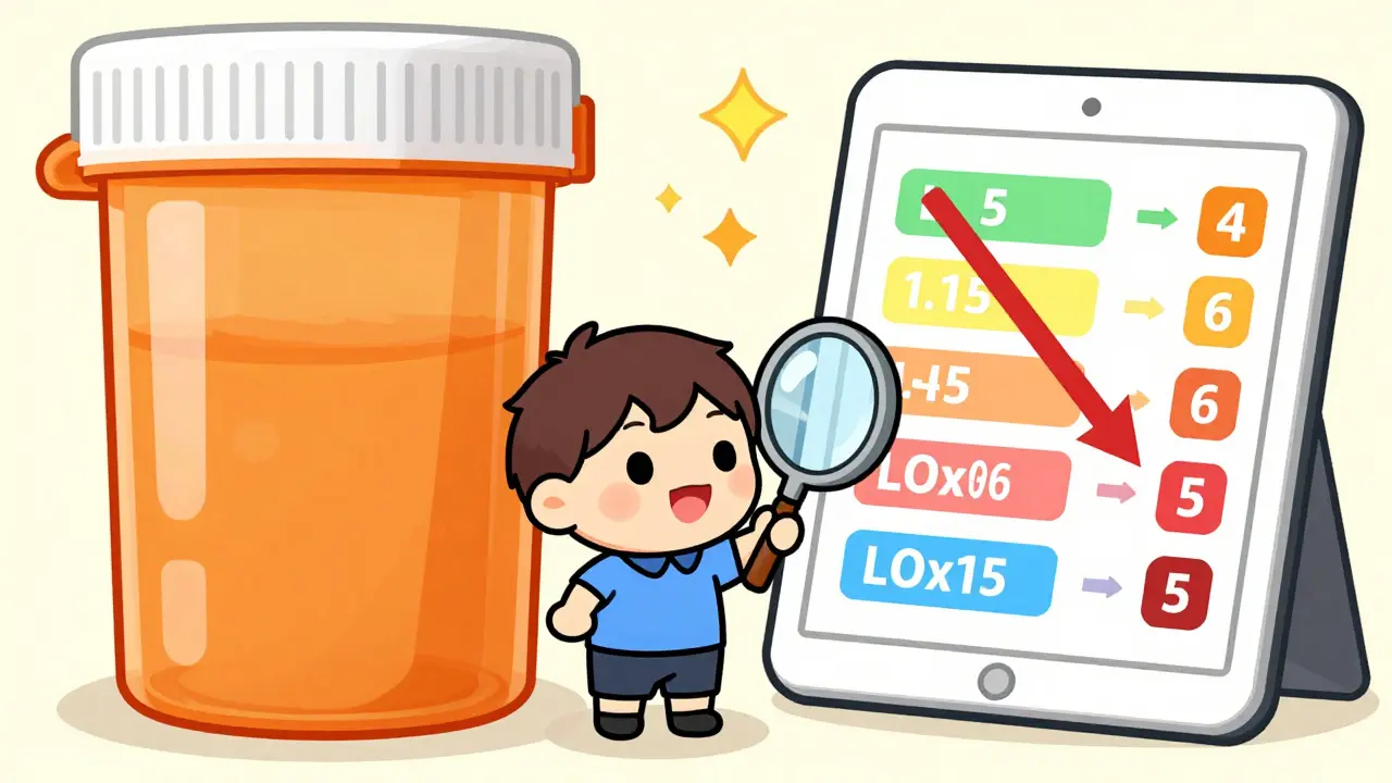 Cute chibi character comparing medication prices next to a large pill bottle