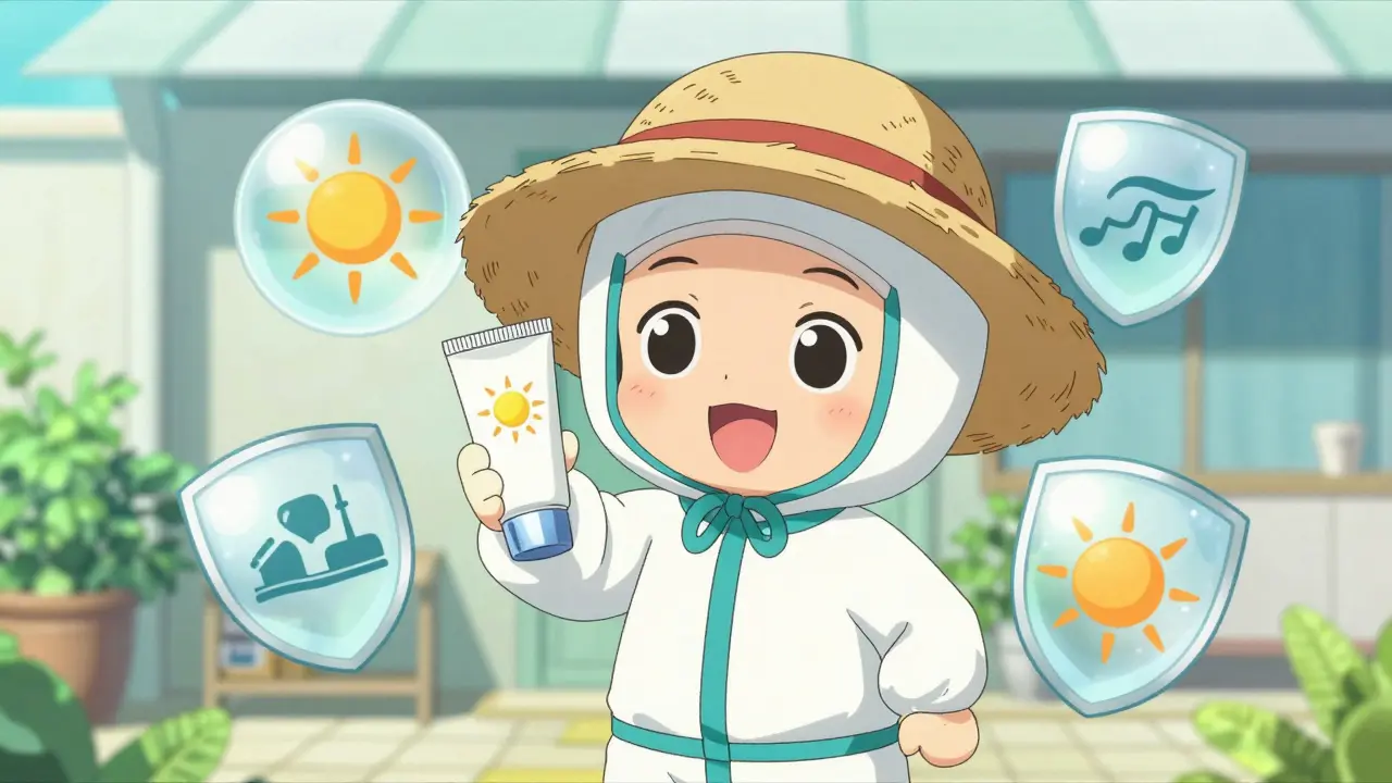 Happy chibi applying sunscreen wearing wide brim hat