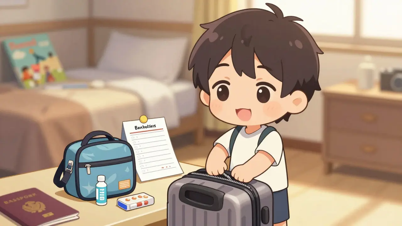 Happy chibi traveler packing a suitcase with a medical pouch and list.