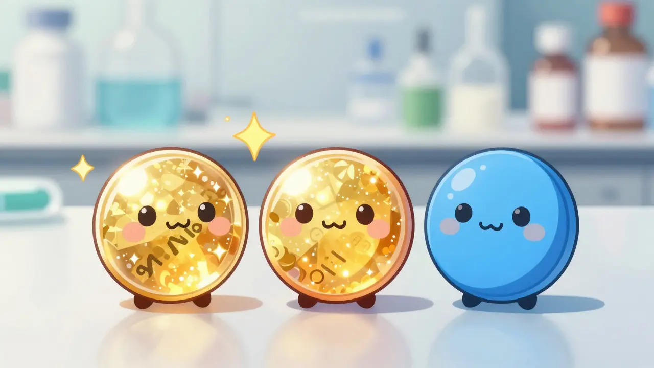 Three cute chibi-style pills comparing brand, authorized generic, and regular generic.